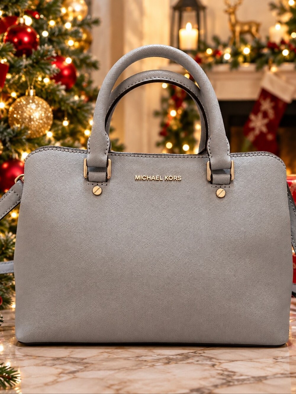 Michael Kors Light Gray Saffiano Leather Satchel with Top Handles